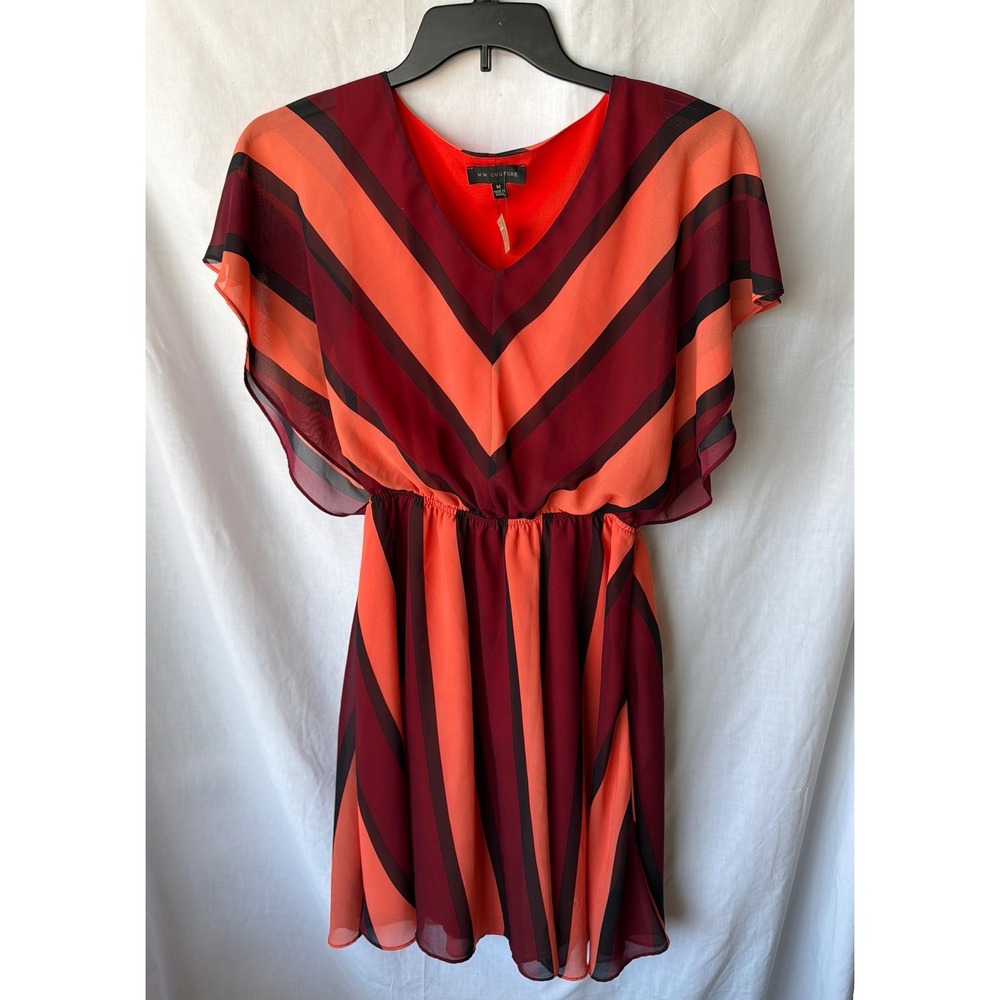 MM Couture Mini Dress Orange Red Chevron Boho Stripe Flutter Sleeve Medium‎